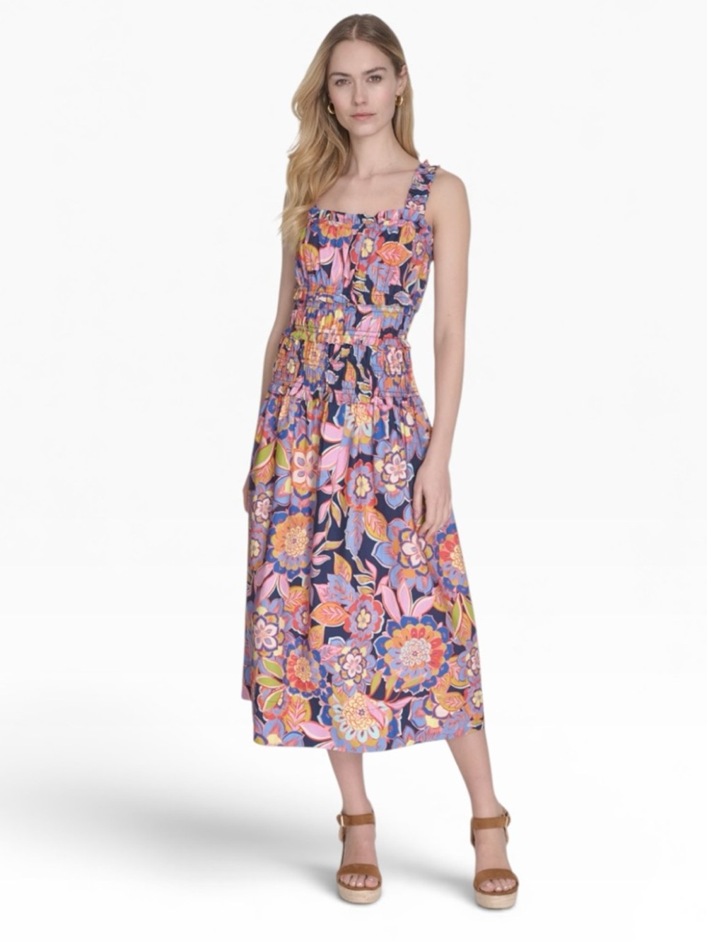 Eliza J Smocked Floral Print Cotton Midi Dress Vibrant Abstract Retro NWT 12P